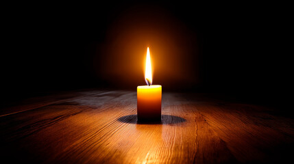A single candle burning table surrounded darkness, evoking feeling solitude Christmas night. Loneliness during Christmas holidays with copy space, holiday contrast, aging, and emotional storytelling