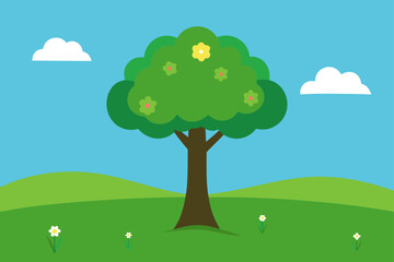 Obraz premium lone tree in the middle of a green meadow with sun