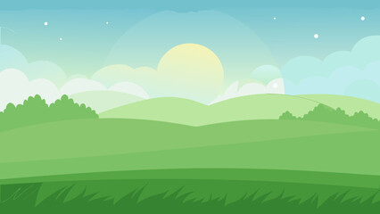 Obraz premium morning light on a green meadow with mist and dew