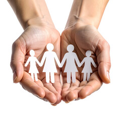Hands cupping a paper cutout family, symbolizing care, support, and protection
