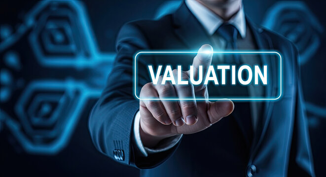 Business Valuation Concept: Businessman Touching Virtual Screen with Valuation Text. Financial Analysis, Asset Evaluation, Investment Strategy, Growth.