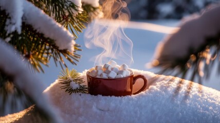 Steaming cup of hot chocolate with marshmallows in snowy winter forest