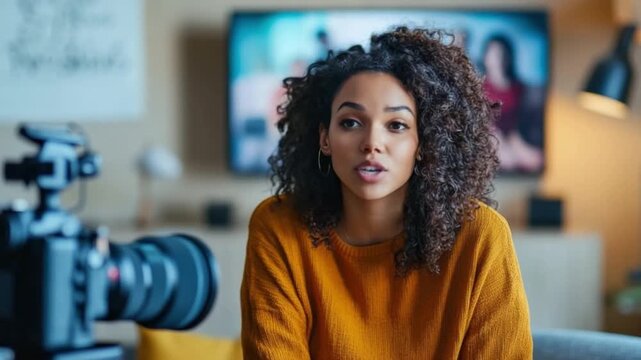 A thoughtful woman expresses her ideas in a warm environment. This video showcases personal insights and genuine emotions. Perfect for creative projects. AI