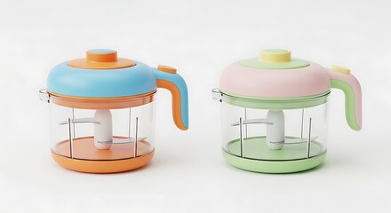 Two colorful manual food choppers with pull cord mechanism isolated on a white background.