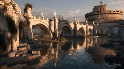 Obraz premium Ultra realistic cinematic view of ancient stone bridge and castle reflecting in tranquil water at sunset