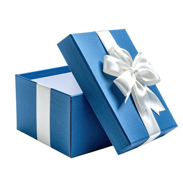 Blue present box with white ribbon and open lid, isolated on black