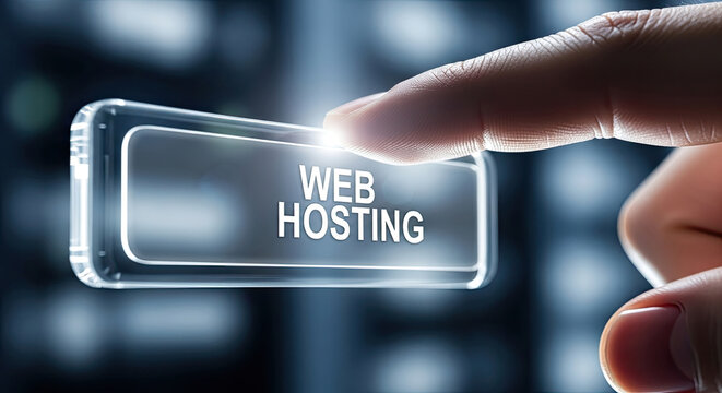 Web Hosting Concept: Finger Pressing a Digital Button for Server and Website Solutions, Cloud Technology, and Online Business Infrastructure