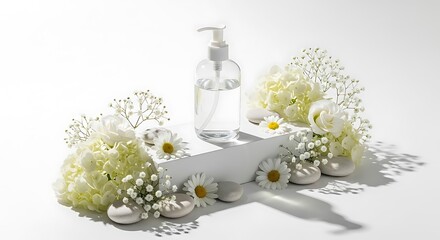 Elegant skincare product presentation with flowers and soft lighting.