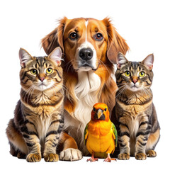 Group portrait of a dog, two cats, and a bird, all friends