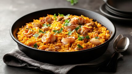 Savory Seafood Paella in a Black Pan with Shrimp, Sausage, and Clams, Served on a Gray Linen Napkin, Delicious Spanish Cuisine