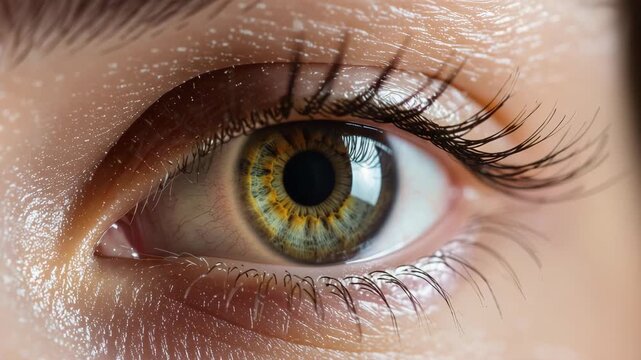 Macro of a human brown eye reacting to light, pupil shrinking naturally