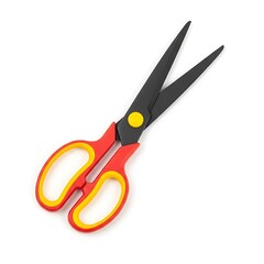 Red and Yellow Handled Scissors with Black Blades on White Background.