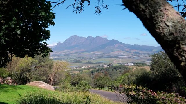 High angle view over farm lands and Simonsberg outside Paarl, Boland