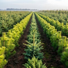 Rows of Evergreen Trees in a Nursery Field.