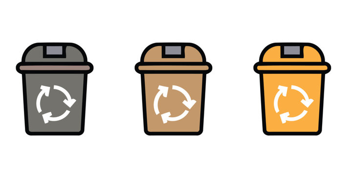 Set of three vector icons of different colored dustbins (trash cans) with recycling symbols. Concepts include waste management, recycling, environment, and garbage disposal. Editable EPS illustration.