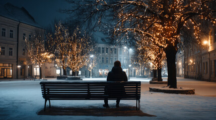 A lonely figure sitting on a snow-covered bench, looking up at a festive but empty town squar. Loneliness during Christmas holidays with copy space, holiday contrast, aging, and emotional storytelling