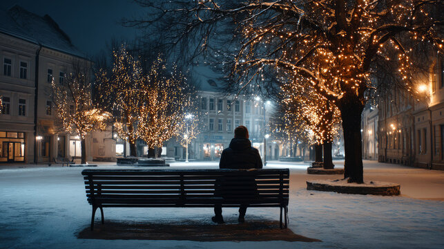 A lonely figure sitting on a snow-covered bench, looking up at a festive but empty town squar. Loneliness during Christmas holidays with copy space, holiday contrast, aging, and emotional storytelling