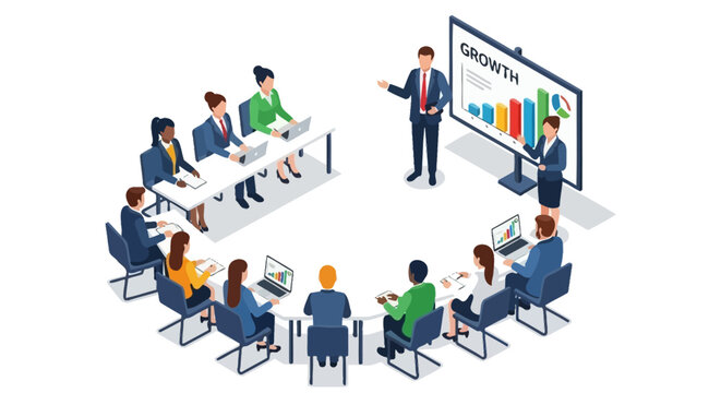 A business leader presenting a corporate growth strategy to a diverse team of professionals during a conference meeting