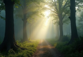 Enchanted Pathway Through Misty Woods Glowing Softly Under Sunlight Shimmering Through Fog
