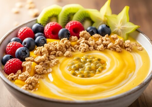 Exotic breakfast bowl brimming with tropical fruit and crunchy granola