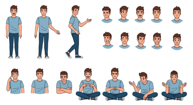 Male Character Set Poses and Facial Expressions for Various Situations