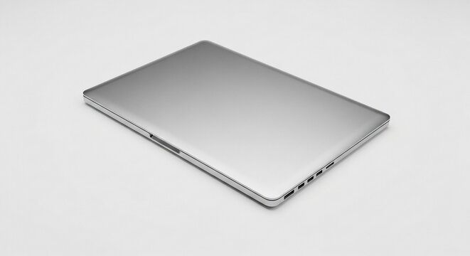 A sleek and modern silver laptop computer is closed and resting on a clean white background. - Powered by Adobe