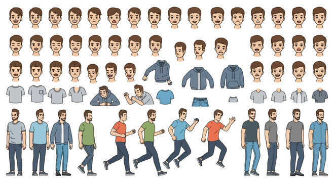 Pixel art male character sprite sheet for game development with various animations, expressions, and clothing