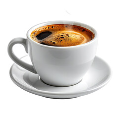 Fototapeta premium A steaming cup of dark, rich coffee in a white ceramic mug, set on a saucer