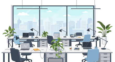 Modern office interior with desks, laptops, and plants overlooking a city skyline