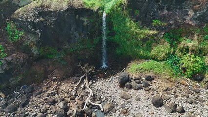 Aerial view of a scenic waterfall flowing down a lush green cliff near Roche qui Pleure in Mauritius, surrounded by vibrant vegetation and dramatic coastal rock formations. - Powered by Adobe