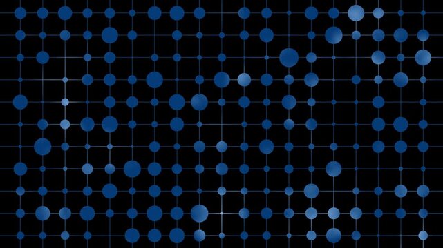 Loopable blue dot grid on black background, pulsing circles of changing sizes in grid formation, rhythmic digital pattern for modern presentations