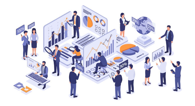 Business intelligence team performing data analysis, visualizing insights with charts, and collaborating on strategic planning for informed decision-making and growth