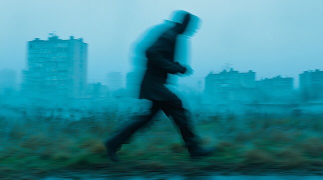 Young man in the city silhouette with blue abstract vector illustration of people doing business and active fitness jump