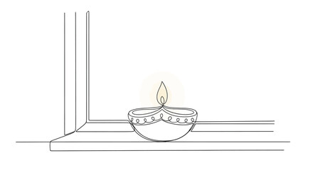 Elegant sketched outline of a decorative antique lamp with a flame casting a warm glow in a minimalist corner setting
