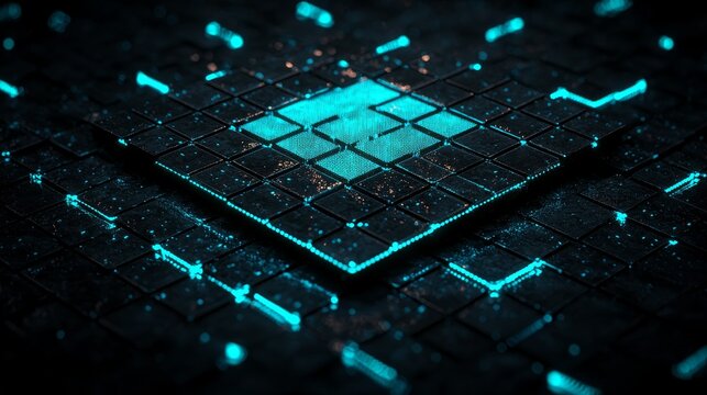 Green macro close-up of a computer motherboard circuit board with digital electronic components like chips, capacitors, and resistors for technology and data hardware