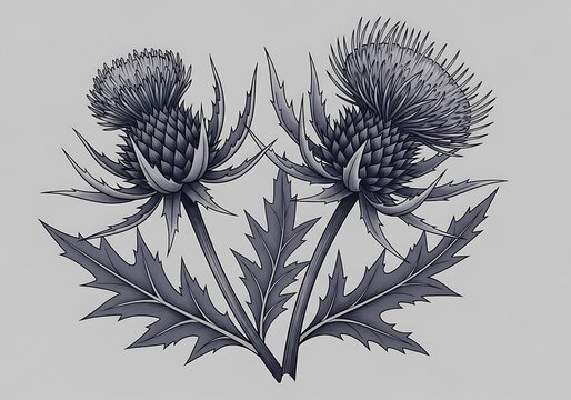Artistic depiction of scottish thistle arrangement, refined botanical drawing