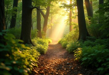 Enchanting Forest Trail Bathed in Golden Light Create a Magical Atmosphere of Nature's Beauty