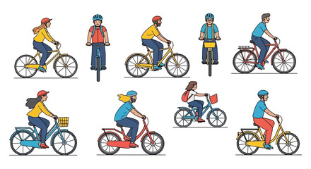 Illustrated group of diverse people enjoying bicycling, showcasing an active and sustainable lifestyle through different perspectives of riders on their bikes