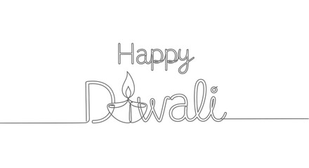Elegant single line drawing of happy diwali text with a diya oil lamp illustration for indian festival celebration