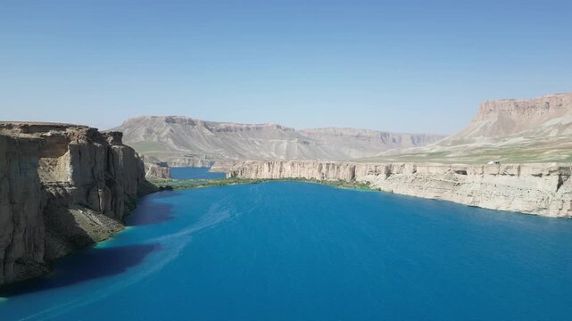 Lake with deep blue color in Band e Amir National Park in Bamyan Province, Afghanistan. Drone view.
