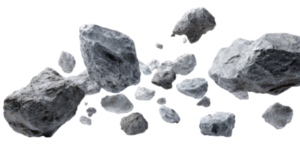 Cluster of grey rocks with rough natural surface showing realistic stone texture and geological detail isolated on white background