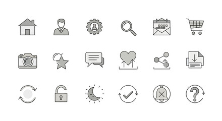 Set of Linear Icons for Web and Mobile Applications Home, User, Settings, Search, and More