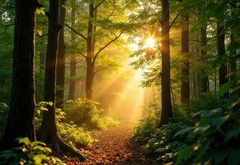 Obraz premium Enchanting Golden Hour Forest Canopy Vibrant Foliage Soft Rays Warm Glow Nature Photography