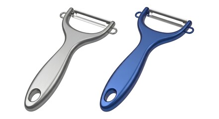 Obraz premium Two vegetable peelers, silver and blue, kitchen tools for food preparation.