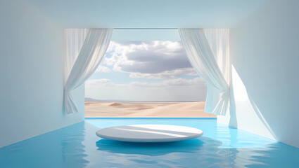 Fototapeta premium Serene Desert Vista Through an Open White Room, Featuring an Infinity Pool and Center Podium Peaceful Oasis Concept with Natural Light and Minimalist Design