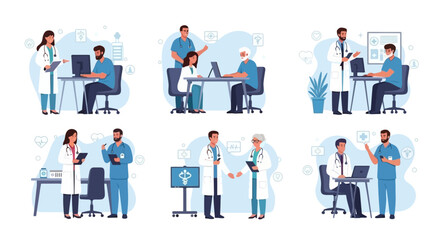 Medical professionals collaborating and consulting in a clinic setting, illustrating teamwork and patient care