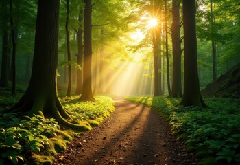 Obraz premium Enchanting Lush Forest Pathway Illuminated by Dappled Sunlight Creating a Scenic Nature Escape
