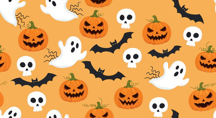 Halloween-themed Pattern Pumpkins, Ghosts, Bats, and Skulls on an Orange Background