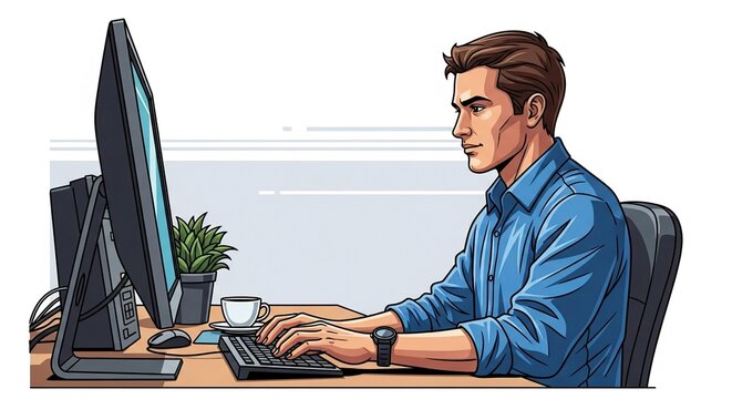 Illustration of a young man in a blue shirt sitting at a desk and typing on a desktop computer.