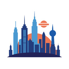 Obraz premium Blue and orange city skyline with sun and iconic tower on white background urban
